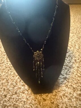 Black Beaded Fringe Pendant Necklace - Women Jewelry 1